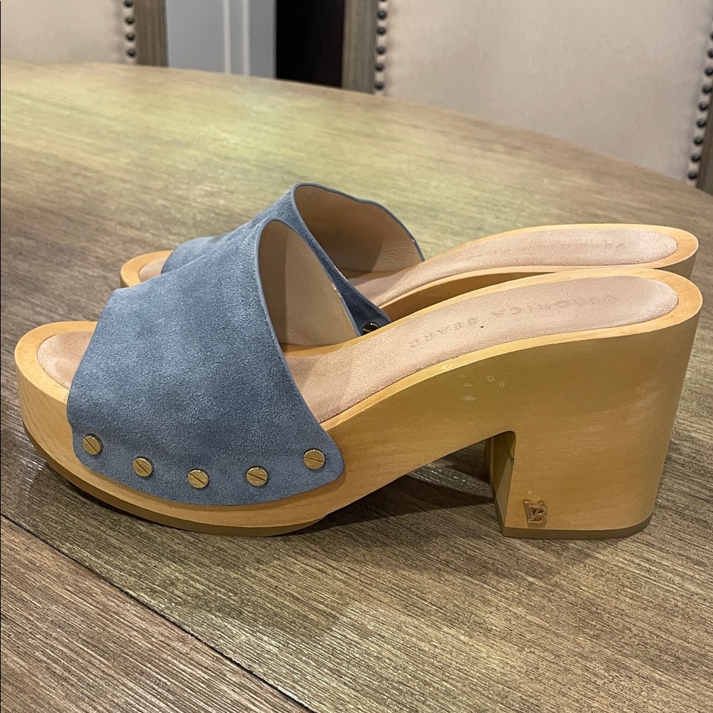 Veronica Beard Hannalee Blue Suede Wooden Clog Sandal - Picture 4 of 5